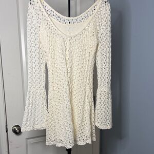 Cream Crochet Knit Bell Sleeve Mini Dress